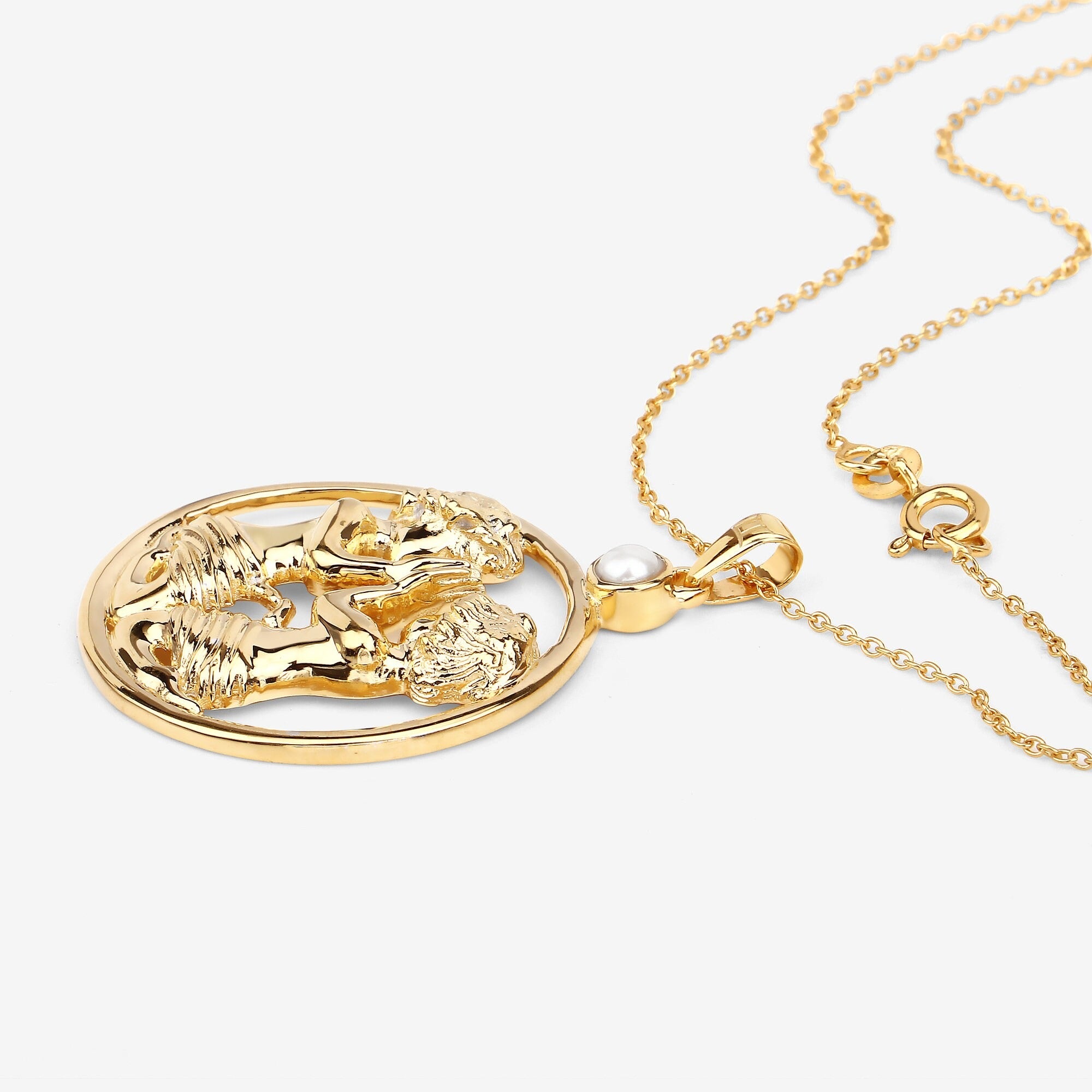 Gemini Zodiac Pendant Necklace – 14K Yellow Gold Plated Sterling Silver with Genuine Pearl | Gemini Twins Astrology Pendant Necklace